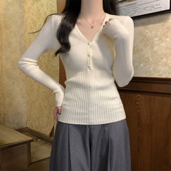Waist-tight Slimming V-neckline Long-sleeved Women's Temperament Commute Pure Sweater - kinko