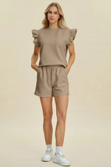 Double Take Full Size Texture Round Neck Ruffle Sleeve Top and Shorts Set - kinko