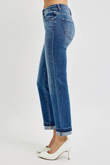 RISEN Mid Rise Ankle Straight Cuffed Jeans - kinko
