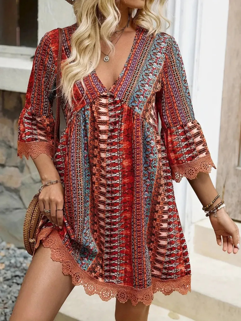 Lace Trim Printed V-Neck 3/4 Sleeve Dress - kinko