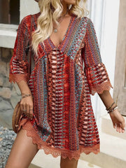 Lace Trim Printed V-Neck 3/4 Sleeve Dress - kinko