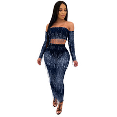 Fashion Sexy See-through Mesh Sequins Tassel Two-piece Set - kinko