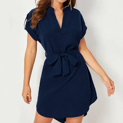 V-neck Short Sleeve Dress With Belt Summer Fashion Bowknot Dresses For Women Clothing - kinko
