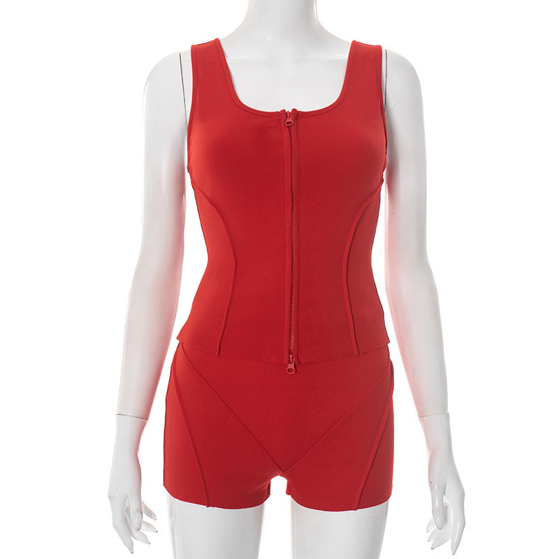 Women's Sexy Exercise Sleeveless Zipper Vest Top Tight Shorts Two-piece Suit - kinko