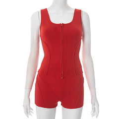 Women's Sexy Exercise Sleeveless Zipper Vest Top Tight Shorts Two-piece Suit - kinko
