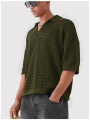 Hollow Mesh Texture Knitted Short-sleeved Polo Shirt - kinko