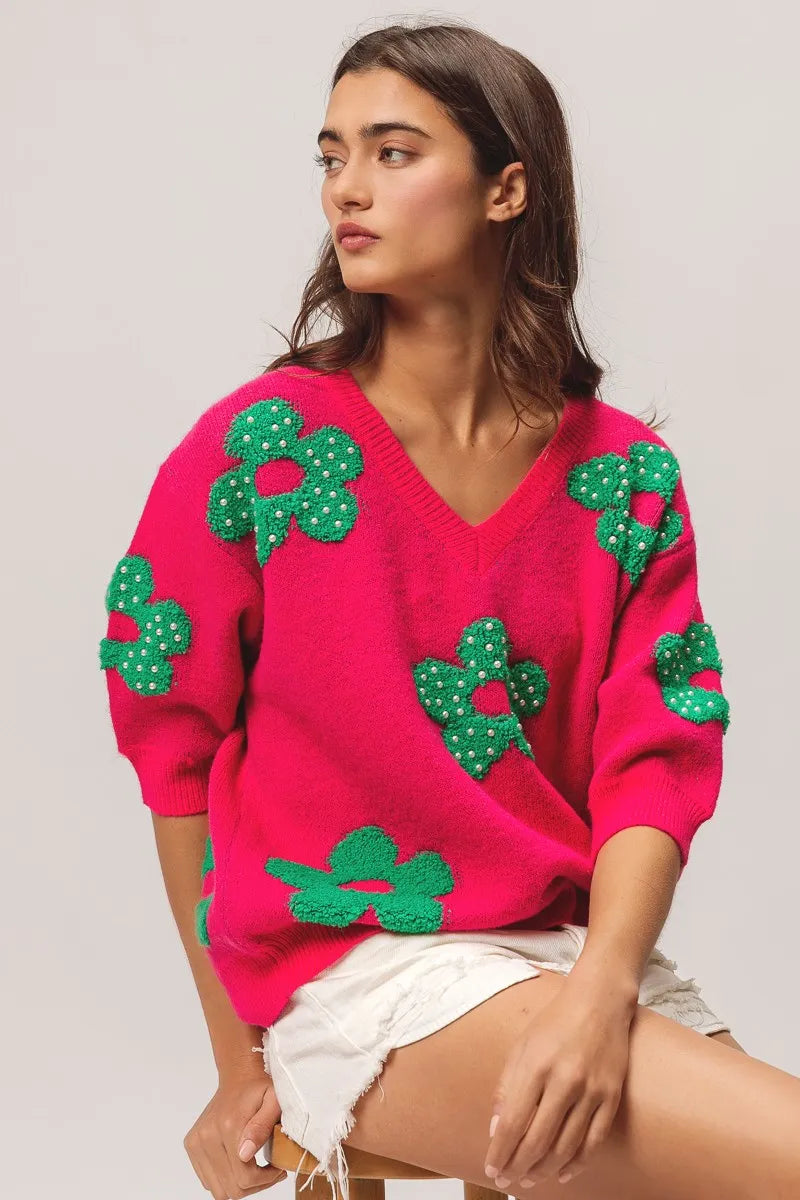 BiBi Pearl Beads Flowers Sweater Top - kinko