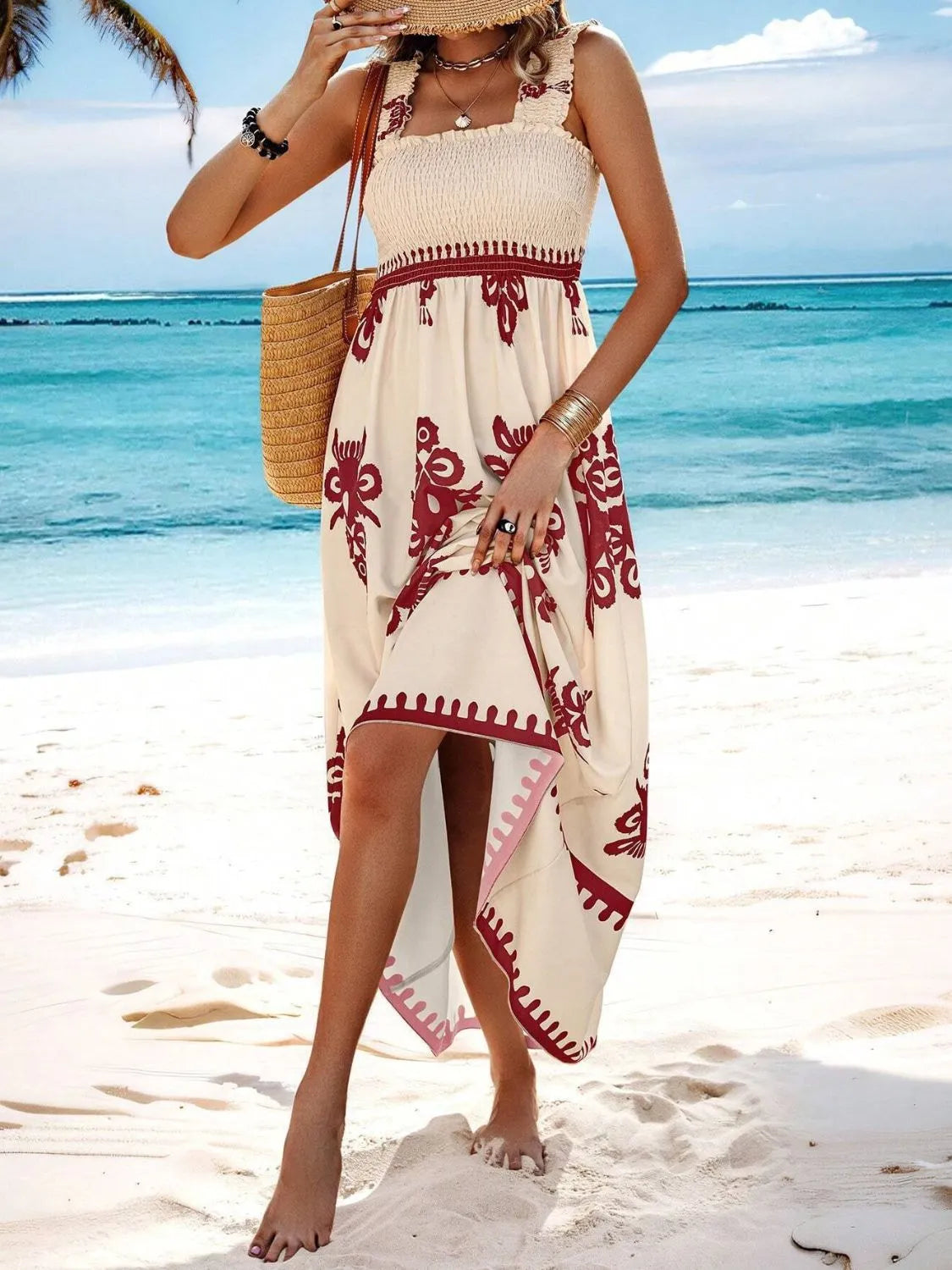 Smocked Printed Wide Strap Maxi Dress - kinko