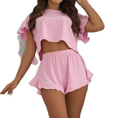 Ruffled Loose Crop Top Shorts Two-piece Set Ladies' Homewear - kinko