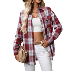 Casual Fashion Loose Plaid Pocket Shirt For Women - kinko