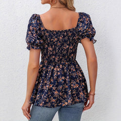 Square Collar Smocking Ruffle Sleeve Floral Vacation Top - kinko