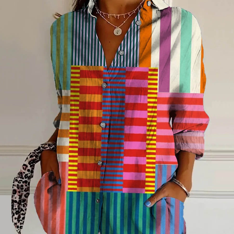 Striped Long-sleeved Shirt Women's Rainbow Cardigan Contrast Color Coat Lapel - kinko