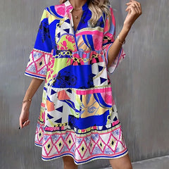 Womens Mini Dress Casual V-Neck Printed Flared Sleeve Pleated Short Beach Dresses - kinko