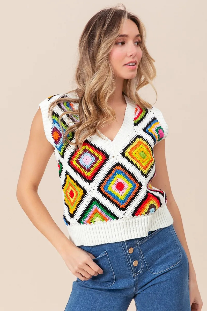 BiBi Diamond Granny Square Sweater Vest - kinko