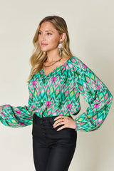 Double Take Full Size Printed Balloon Sleeve Blouse - kinko
