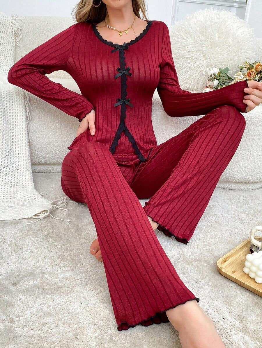 Long Sleeve Trousers Casual Homewear Lace Cardigan Suit - kinko