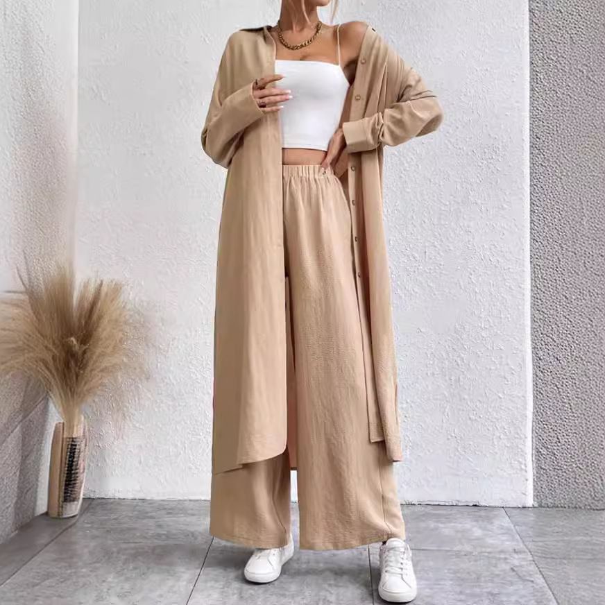Plus Size Loose Long Shirt Wide Leg Pants Two-piece Set - kinko