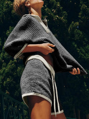 Collared Neck Contrast Striped Top and Shorts Sweater Set - kinko