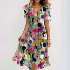 Chiffon Printed Short Sleeve Dress Summer Elegant V-neck Dresses Womens Clothing - kinko