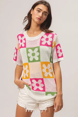 BiBi Flower Checker Pattern Lightweight Sweater Top - kinko