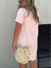 Full Size Raw Hem Short Sleeve Denim Dress Plus Size - kinko