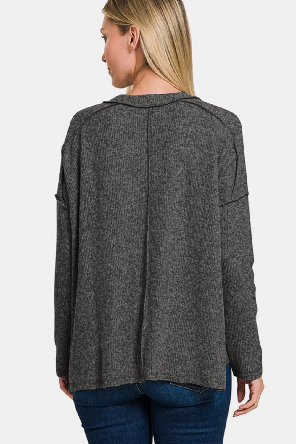Zenana Full Size Exposed Seam Brushed Round Neck Sweater - kinko