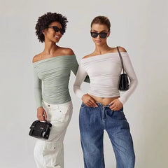 European And American Women's Clothing Top Off-shoulder Long Sleeve T-shirt - kinko