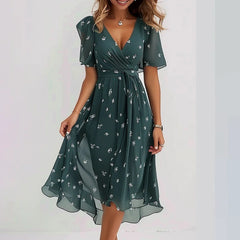 Chiffon Printed Short Sleeve Dress Summer Elegant V-neck Dresses Womens Clothing - kinko