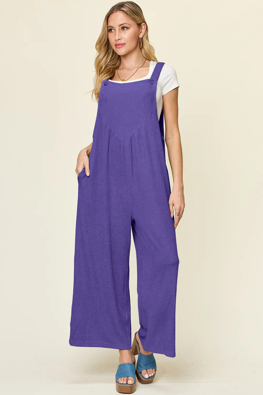 Double Take Full Size Texture Sleeveless Wide Leg Overall - kinko