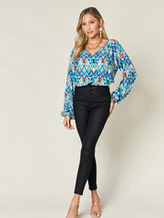 Double Take Full Size Printed Balloon Sleeve Blouse - kinko