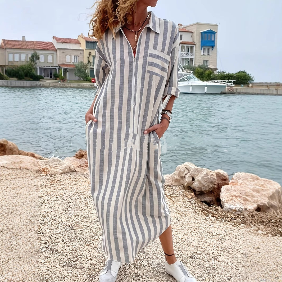 Cotton And Linen Breathable Casual Loose Striped Women's Short-sleeved Shirt - kinko