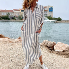 Cotton And Linen Breathable Casual Loose Striped Women's Short-sleeved Shirt - kinko