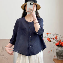 All-matching Western Style Cotton And Linen Short Sleeve Shirt - kinko