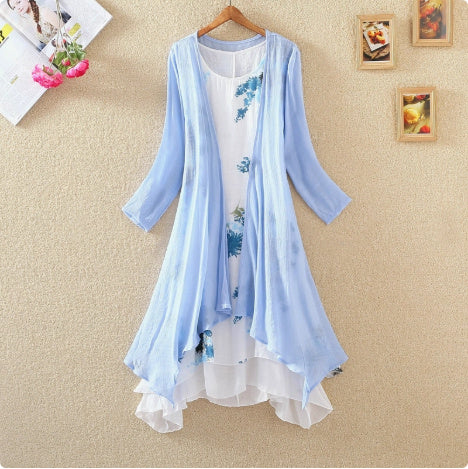 Long Sleeves Outer Match Shawl Mid-length Cotton And Linen Printed Irregular Dress - kinko