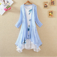 Long Sleeves Outer Match Shawl Mid-length Cotton And Linen Printed Irregular Dress - kinko