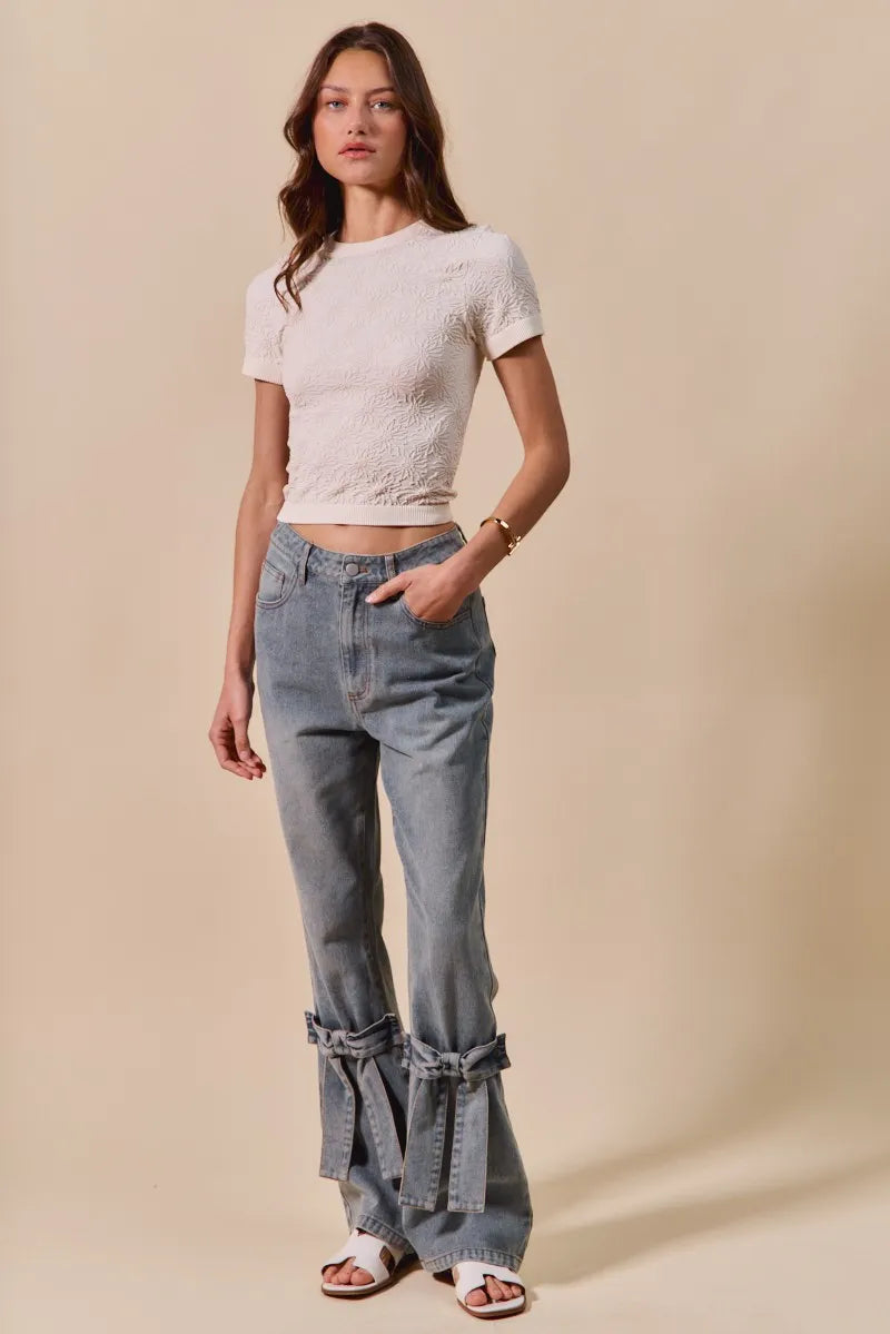 SO ME Floral Patterned Seamless Short Sleeve Top - kinko