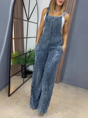 Full Size Wide Leg Washed Denim Overalls Plus Size - kinko