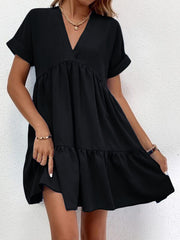 New Short-sleeved V-neck Dress Summer Casual Sweet Ruffled Dresses Solid Color Holiday Beach Dress For Womens Clothing - kinko