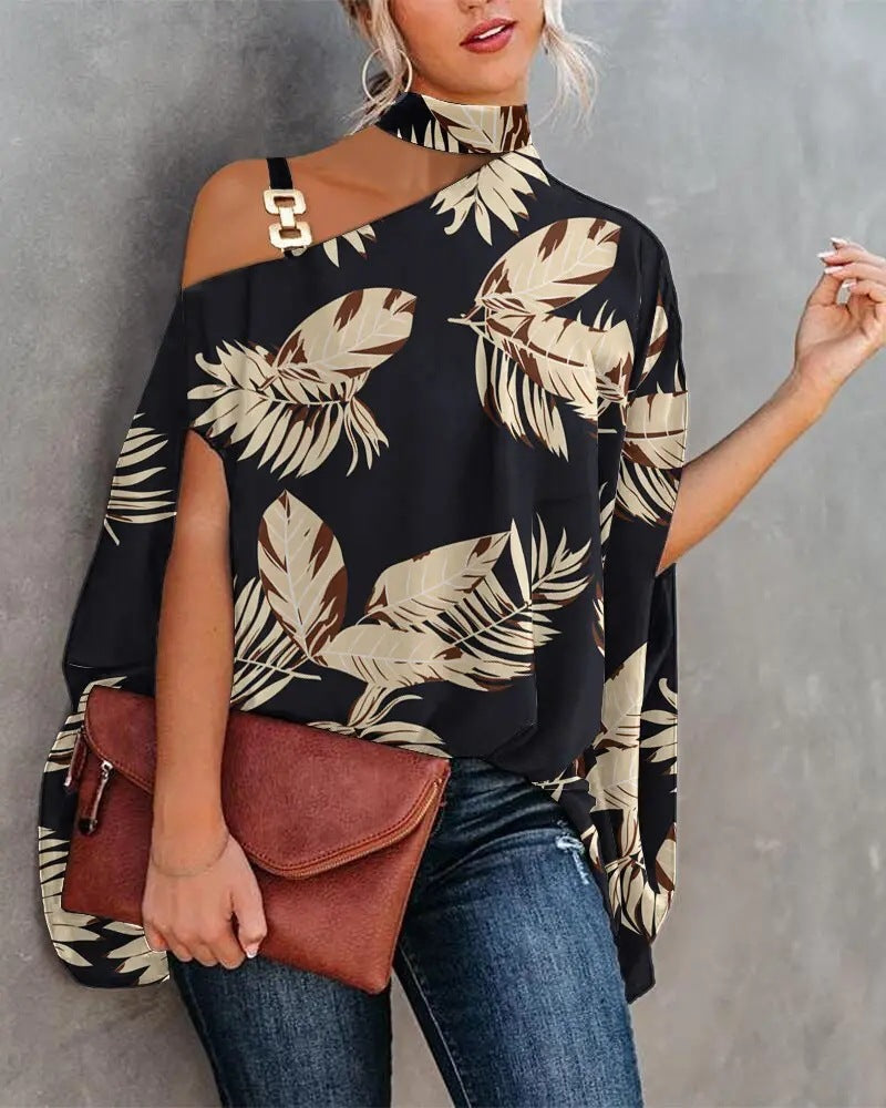Wear Halter Shawl Printed Elegant Short Sleeve Bat Shirt - kinko