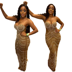 Sling Hot Drilling Foam Beads Evening Dress - kinko