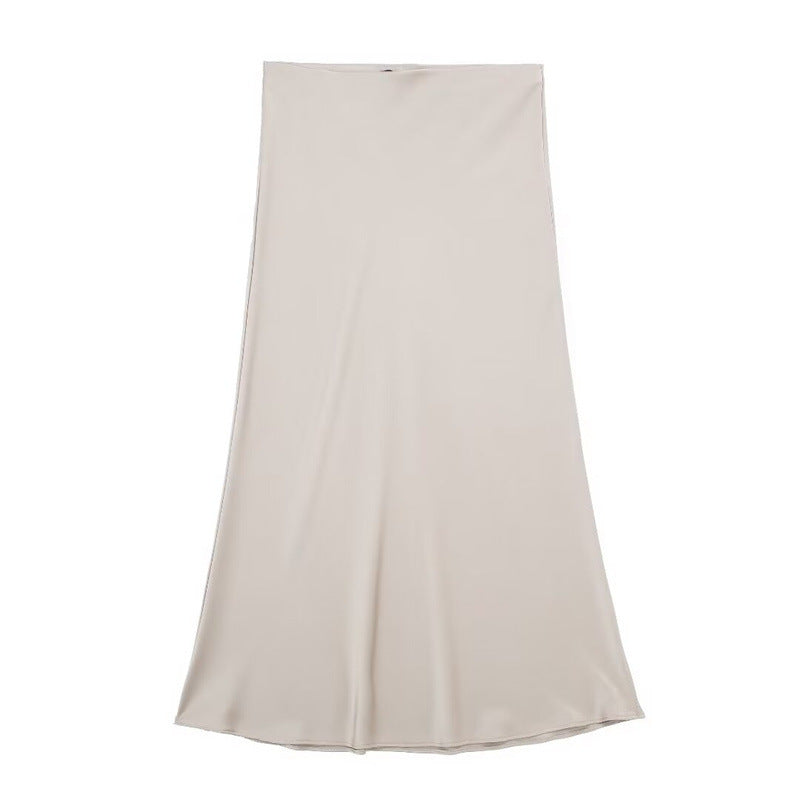 Solid Color Slim Silk Satin Texture Midi Skirt - kinko