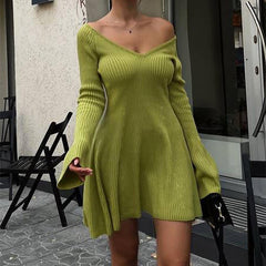Sexy Slim V-Neck Long Sleeve Knitted Dress Fashion Tight High Elastic Ruffle A-Line Short Dresses Y2K Skirt Womens Clothing - kinko