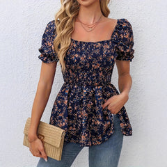 Square Collar Smocking Ruffle Sleeve Floral Vacation Top - kinko