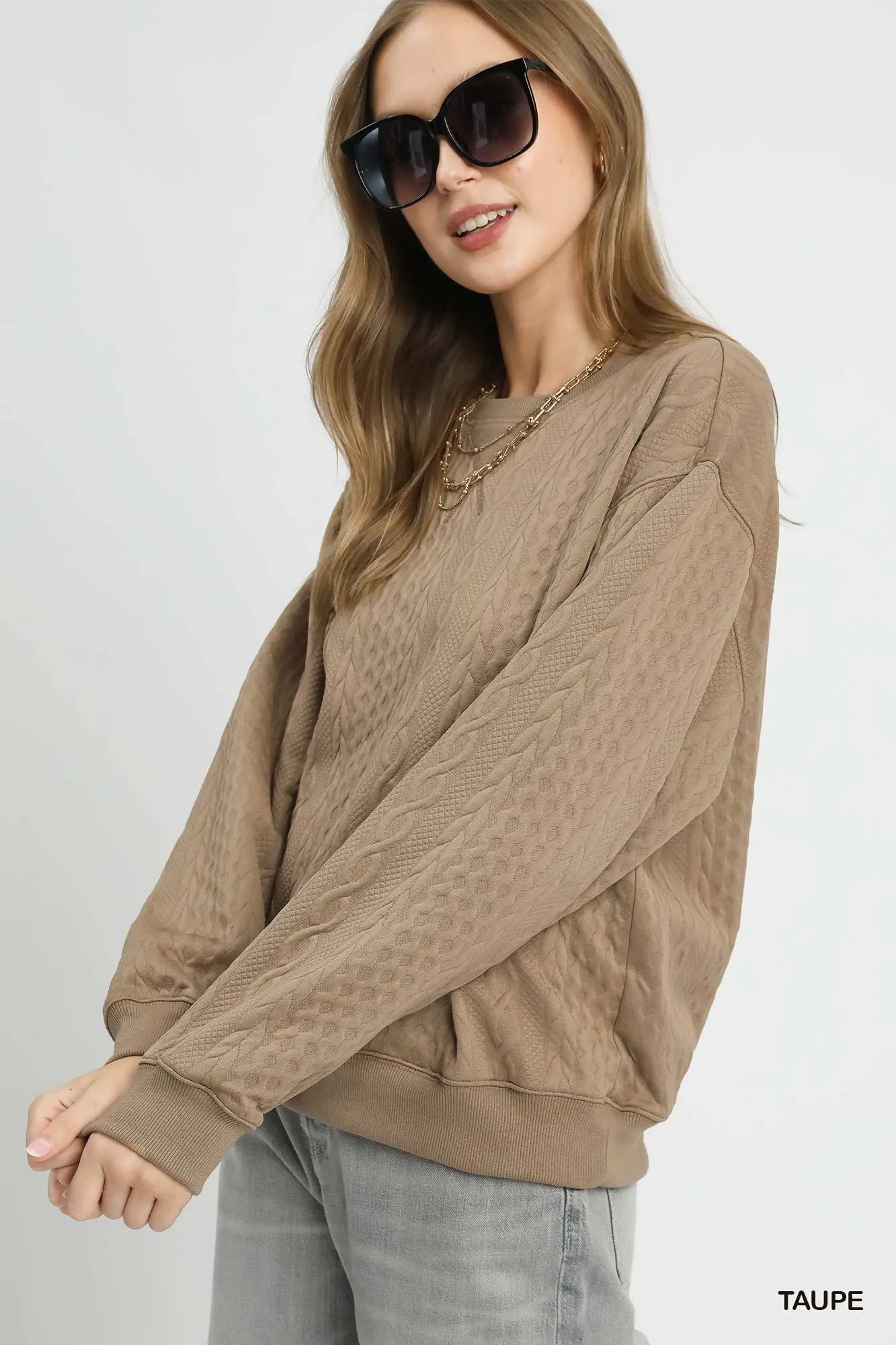 Umgee Cable Texture Pattern Sweatshirt with Ribbed Hem - kinko