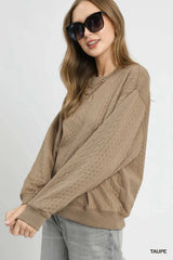 Umgee Cable Texture Pattern Sweatshirt with Ribbed Hem - kinko