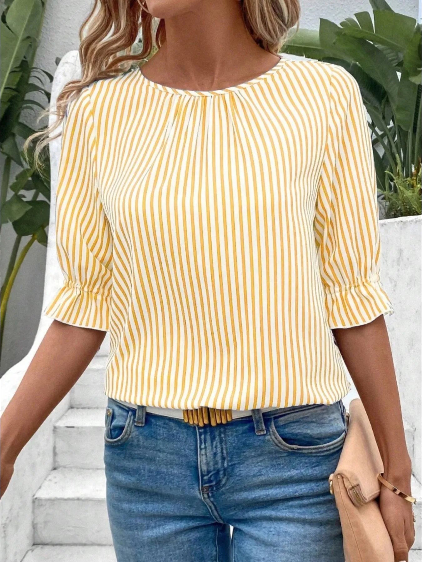Striped Round Neck Half Sleeve Casual Blouse - kinko