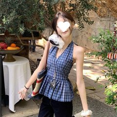 Retro Plaid V-neck Lace-up Halter Sleeveless Shirt - kinko