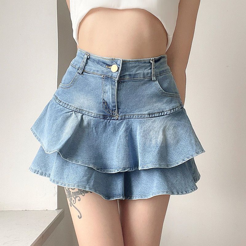 Women's Double-layer Ruffled Denim Skirt Retro Easy Matching High Waist Slimming - kinko