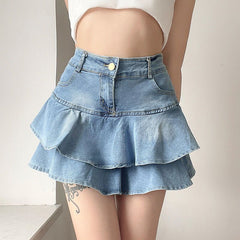 Women's Double-layer Ruffled Denim Skirt Retro Easy Matching High Waist Slimming - kinko