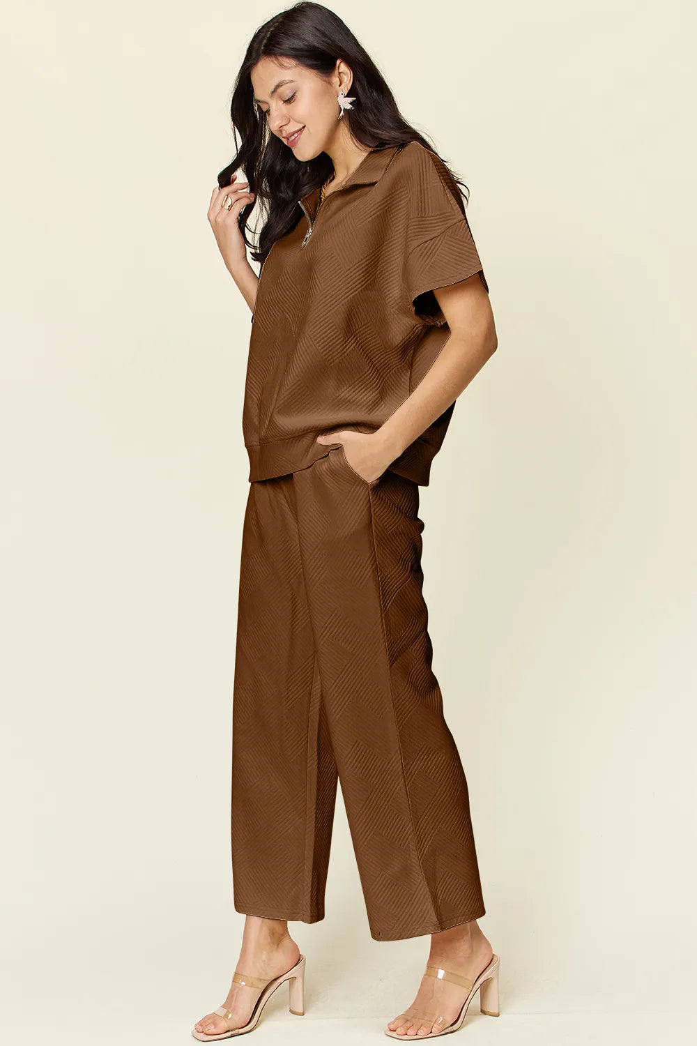 Double Take Full Size Texture Half Zip Short Sleeve Top and Pants Set - kinko